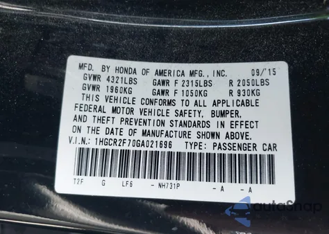 2016 Honda Accord Ex z USA, uszkodzony, nr VIN 1HGCR2F70GA021696